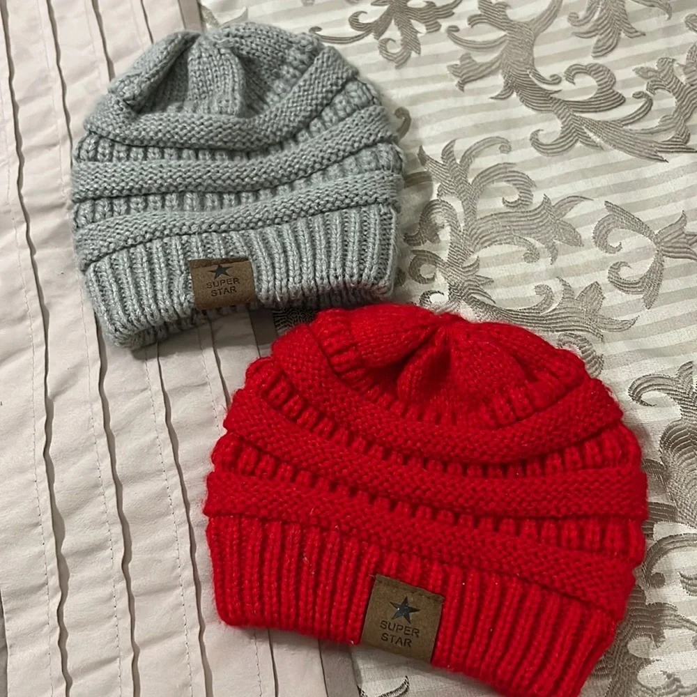 Super Star Baby Beanies 100% Acrylic Red and Grey (Set of 2)
